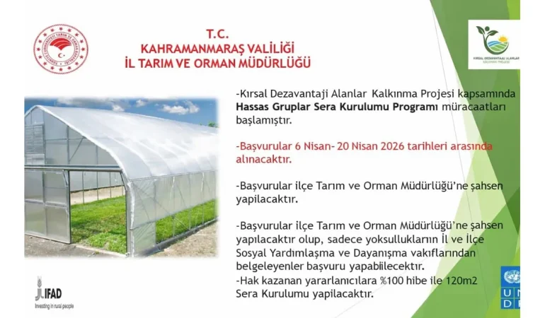 Hassas Gruplar İçin 120 m² Sera Desteği Başvuruları Devam Ediyor
